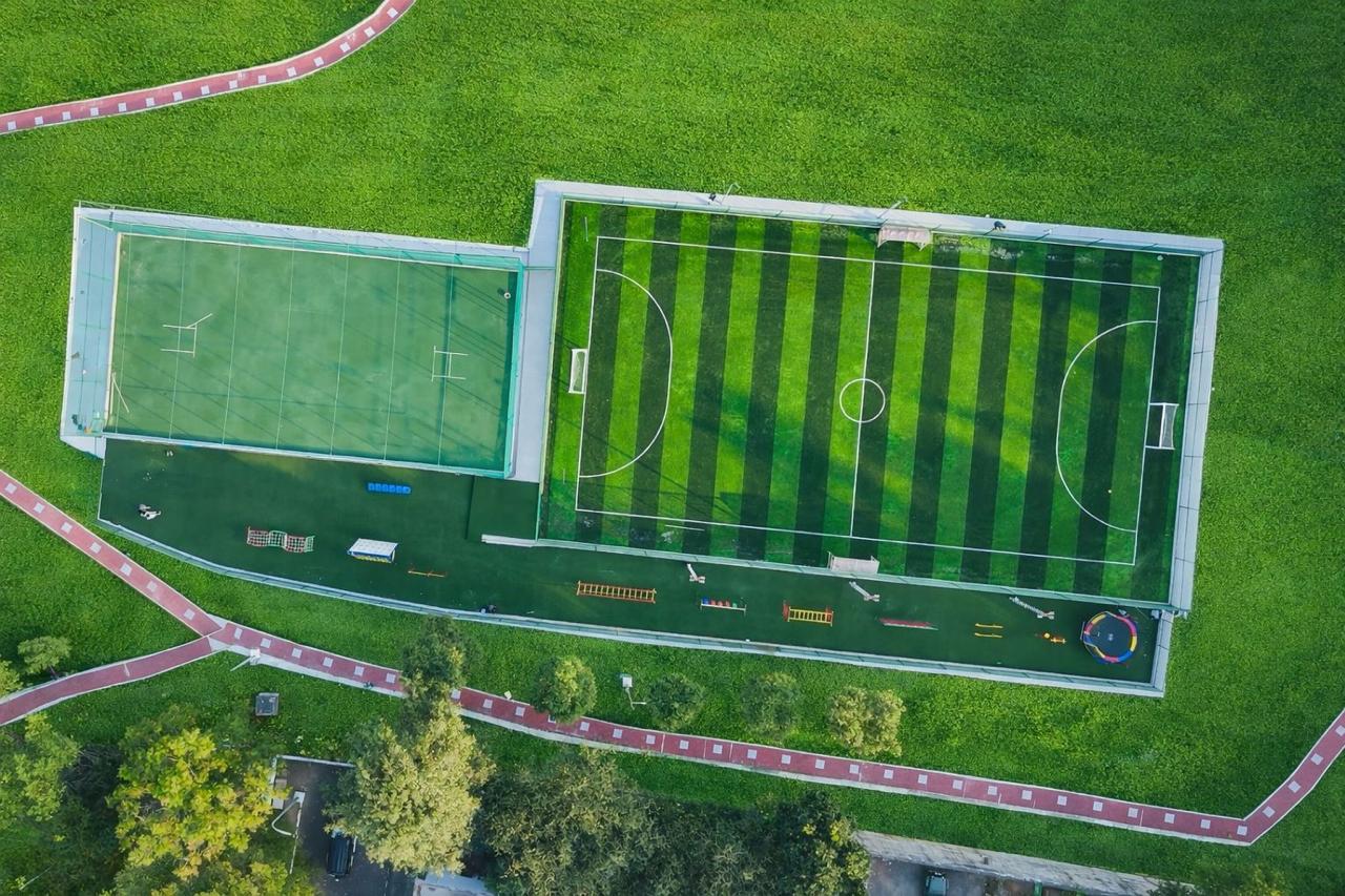Artificial turf football field, aerial view
